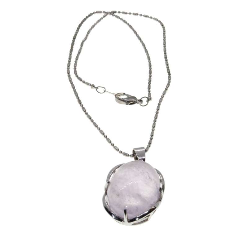 Necklace - Silver Tone Pink Rose Quartz Necklace with Pendant in Silver Tone Frame - ML3204