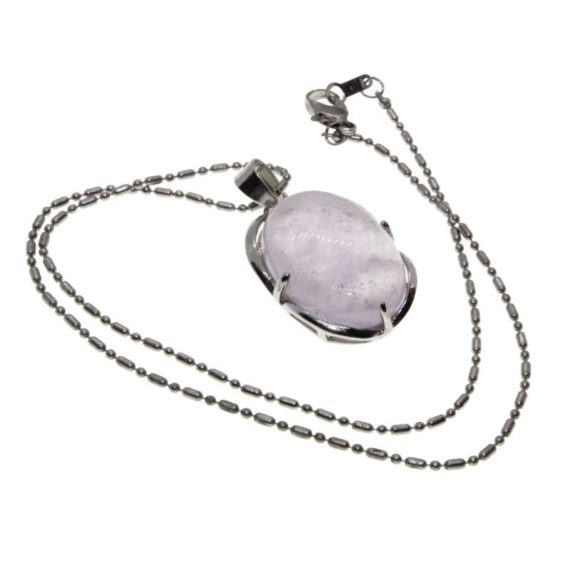 Necklace - Silver Tone Pink Rose Quartz Necklace with Pendant in Silver Tone Frame - ML3204