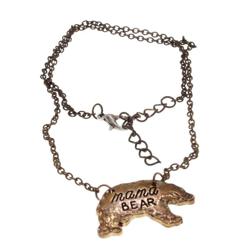 Necklace - Brass Tone Fashion Necklace. Dainty Chain with Bear Pendant. Mama Bear engraved - ML3207