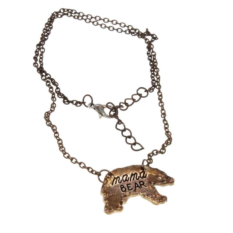 Necklace - Brass Tone Fashion Necklace. Dainty Chain with Bear Pendant. Mama Bear engraved - ML3207