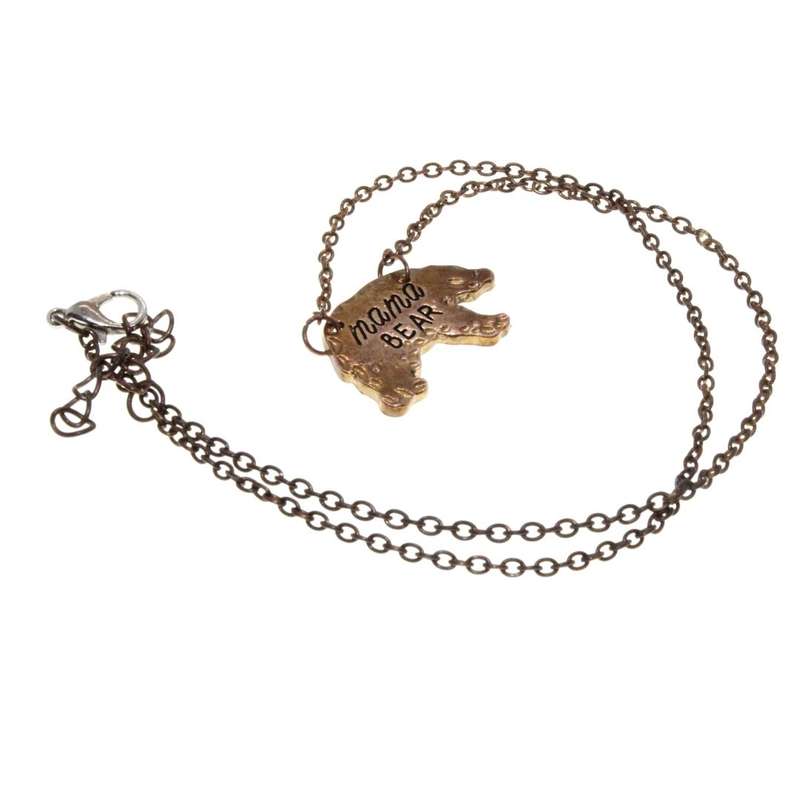 Necklace - Brass Tone Fashion Necklace. Dainty Chain with Bear Pendant. Mama Bear engraved - ML3207