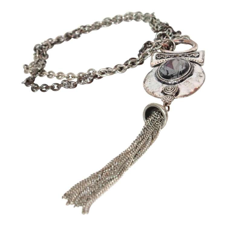 Necklace - Silver Tone Chain with Extravagant Pendant. Black Rhinestone. Slightly Tarnished - ML3209