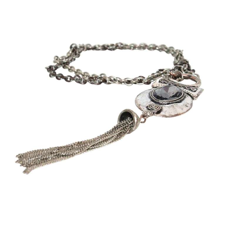 Necklace - Silver Tone Chain with Extravagant Pendant. Black Rhinestone. Slightly Tarnished - ML3209