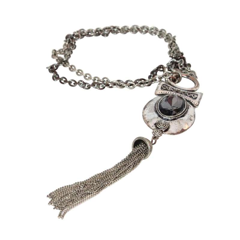 Necklace - Silver Tone Chain with Extravagant Pendant. Black Rhinestone. Slightly Tarnished - ML3209