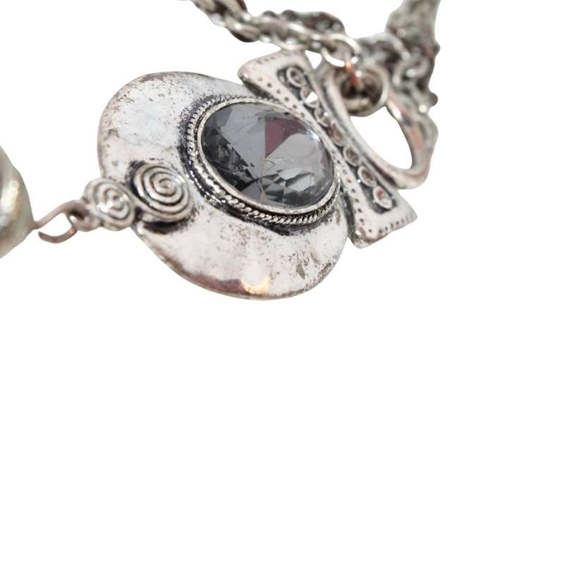 Necklace - Silver Tone Chain with Extravagant Pendant. Black Rhinestone. Slightly Tarnished - ML3209