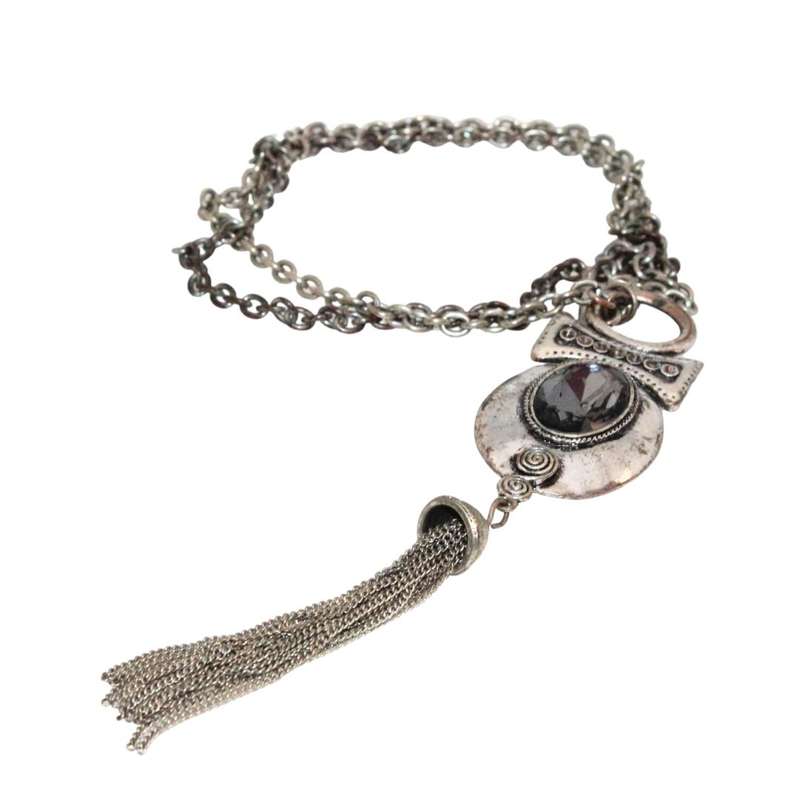 Necklace - Silver Tone Chain with Extravagant Pendant. Black Rhinestone. Slightly Tarnished - ML3209