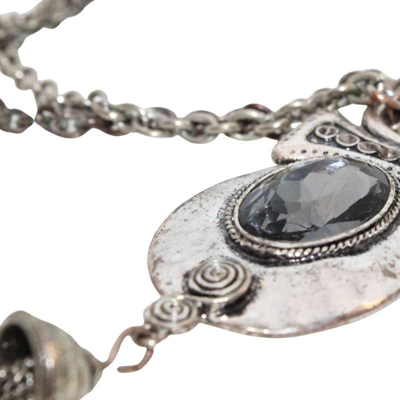 Necklace - Silver Tone Chain with Extravagant Pendant. Black Rhinestone. Slightly Tarnished - ML3209