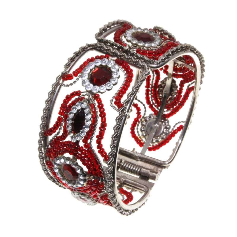 Bracelet - Silver Tone Cuff Bracelet. Red and White Rhinestones. Flower Design. - ML3218