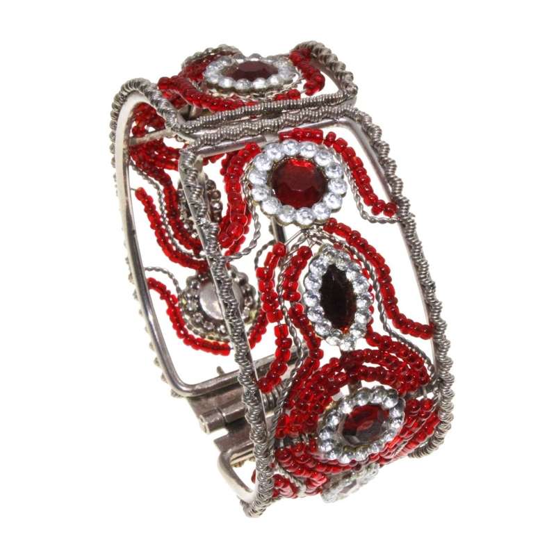 Bracelet - Silver Tone Cuff Bracelet. Red and White Rhinestones. Flower Design. - ML3218
