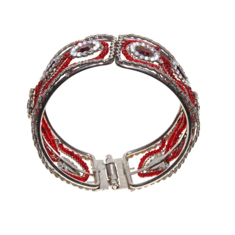 Bracelet - Silver Tone Cuff Bracelet. Red and White Rhinestones. Flower Design. - ML3218