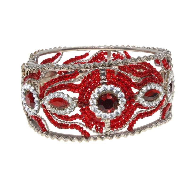 Bracelet - Silver Tone Cuff Bracelet. Red and White Rhinestones. Flower Design. - ML3218