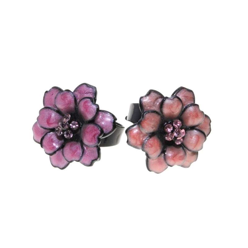 Ring - Black Metal Band x 2 with Pink Metal Flower with Centre Rhinestones. Resizable - ML3219