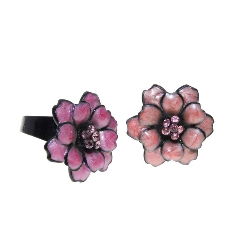 Ring - Black Metal Band x 2 with Pink Metal Flower with Centre Rhinestones. Resizable - ML3219