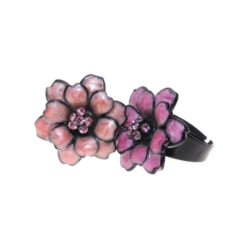 Ring - Black Metal Band x 2 with Pink Metal Flower with Centre Rhinestones. Resizable - ML3219