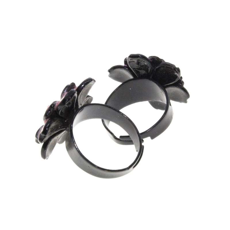 Ring - Black Metal Band x 2 with Pink Metal Flower with Centre Rhinestones. Resizable - ML3219