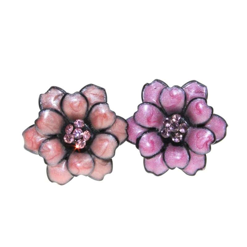 Ring - Black Metal Band x 2 with Pink Metal Flower with Centre Rhinestones. Resizable - ML3219