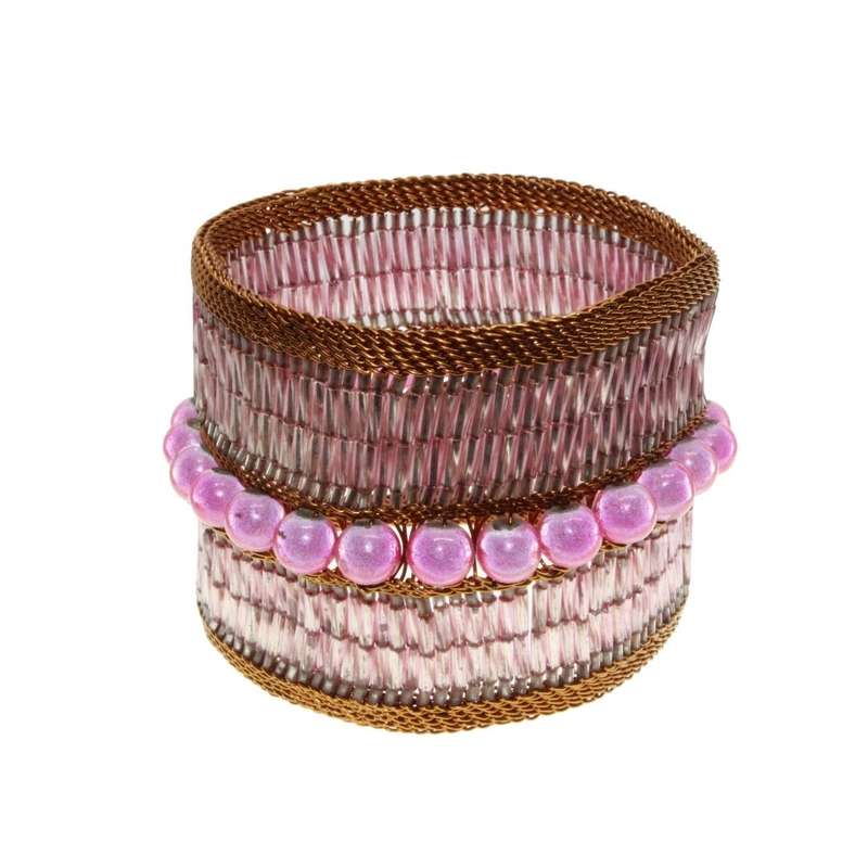 Bracelet - Copper Tone Borders Tubular pink beads Two rows copper Pink Sead Beads in Centre - ML3220