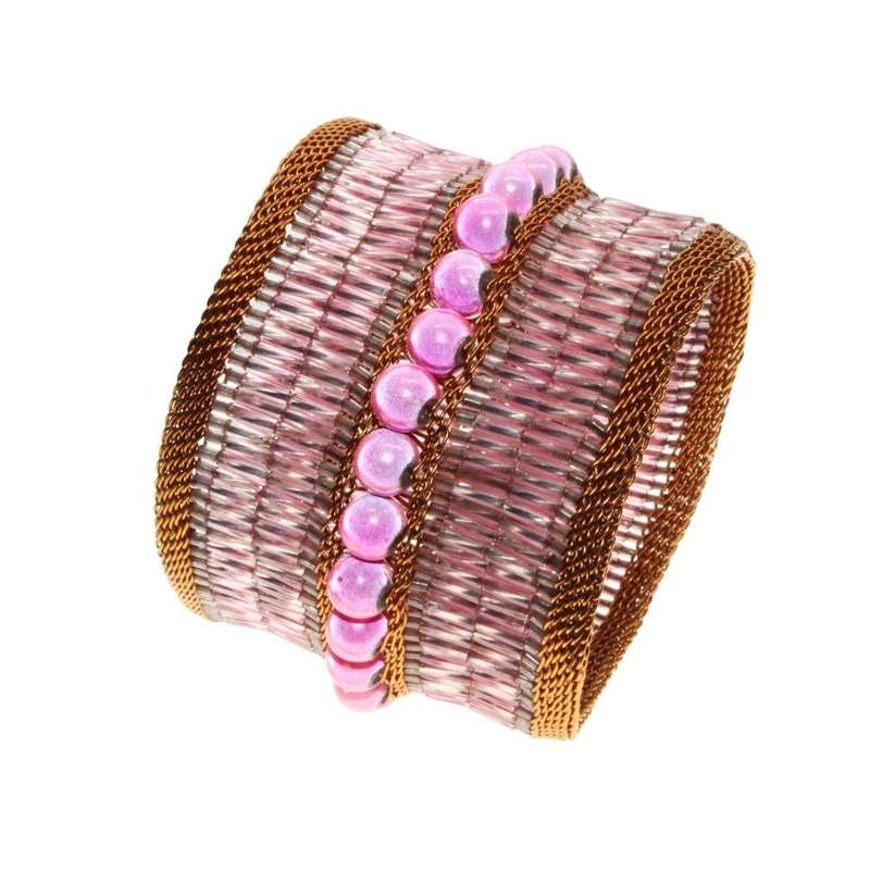 Bracelet - Copper Tone Borders Tubular pink beads Two rows copper Pink Sead Beads in Centre - ML3220