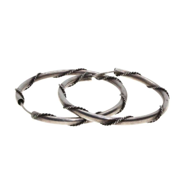 Earrings - Vintage Silver Tone Hoop Earrings. Intricate Wire Twirl Design - ML3227