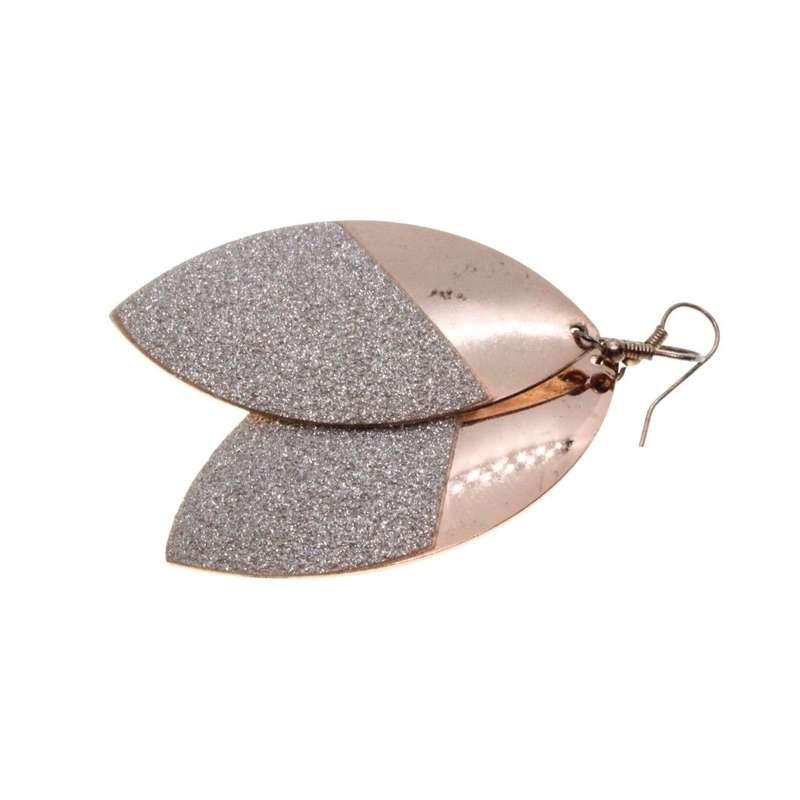 Earrings - Gold Tone Large Leaf Design. Covered with Silver Glitter. Slightly Tarnished - ML3229