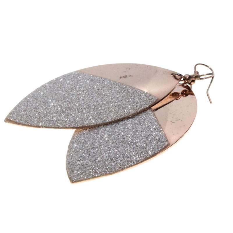 Earrings - Gold Tone Large Leaf Design. Covered with Silver Glitter. Slightly Tarnished - ML3229