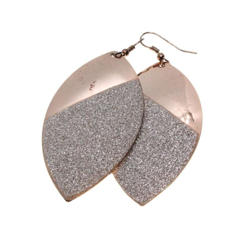 Earrings - Gold Tone Large Leaf Design. Covered with Silver Glitter. Slightly Tarnished - ML3229
