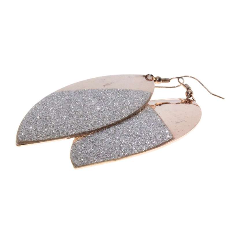 Earrings - Gold Tone Large Leaf Design. Covered with Silver Glitter. Slightly Tarnished - ML3229