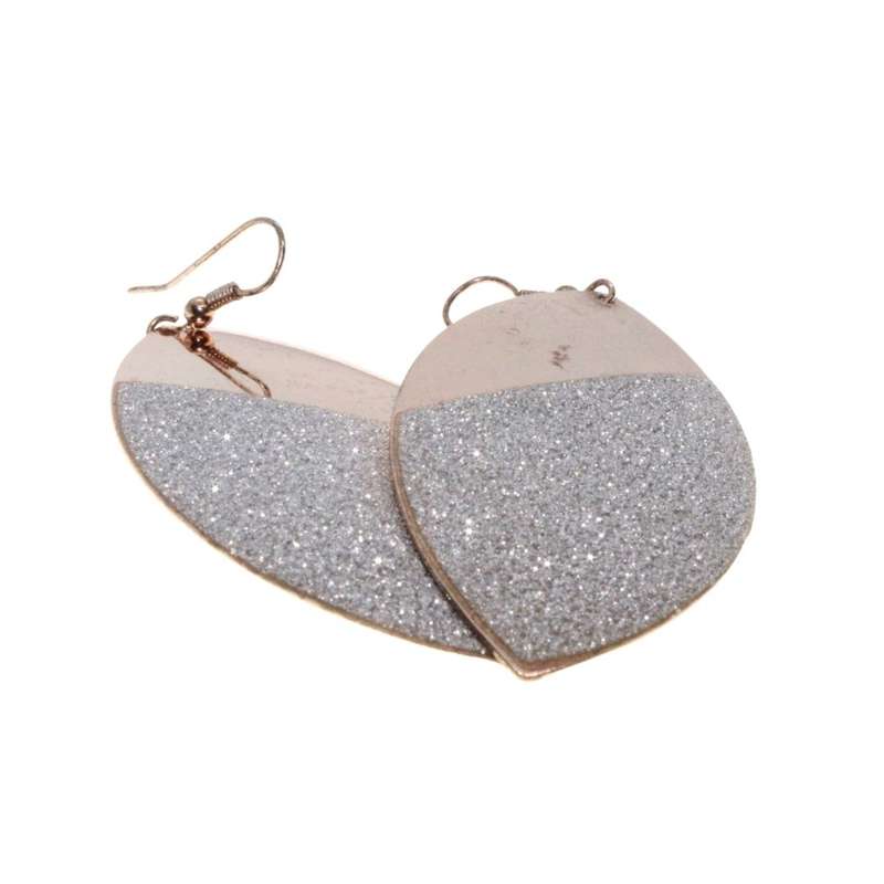 Earrings - Gold Tone Large Leaf Design. Covered with Silver Glitter. Slightly Tarnished - ML3229