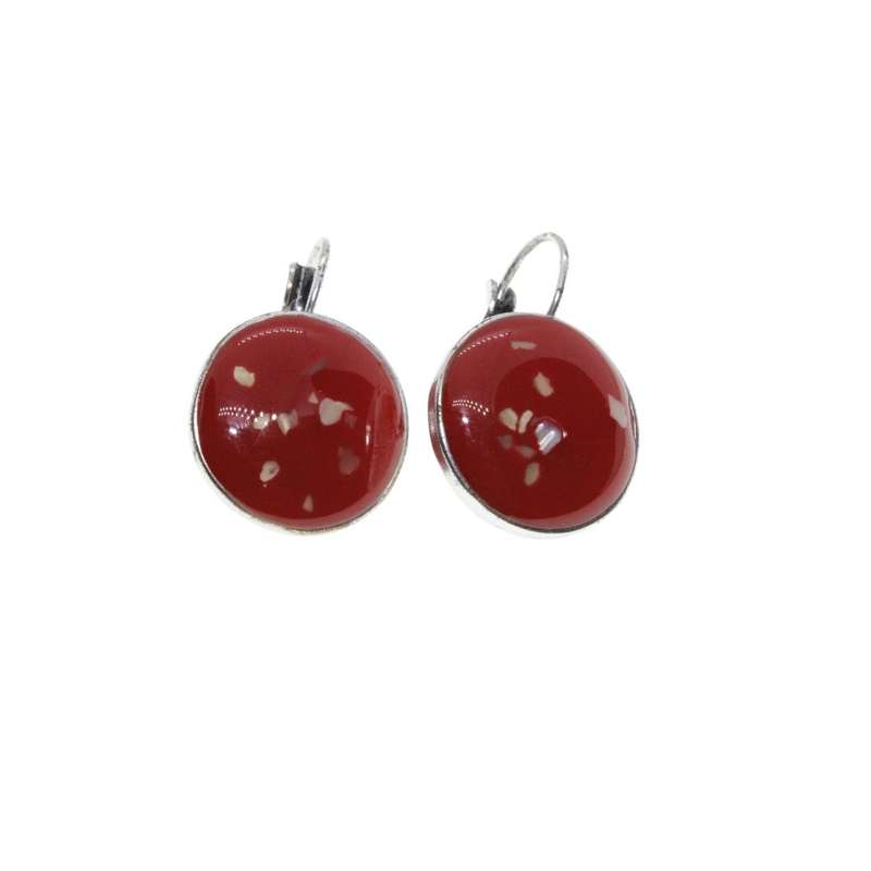 Earrings - Silver Tone Round Red Earrings. Flecks of Gold. For Pierced Ears - ML3240