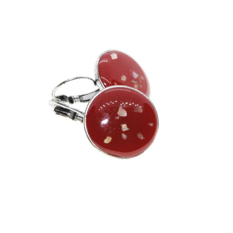 Earrings - Silver Tone Round Red Earrings. Flecks of Gold. For Pierced Ears - ML3240