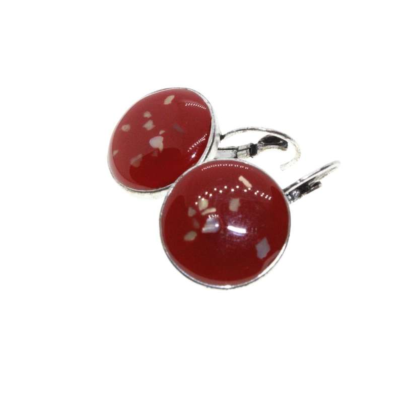 Earrings - Silver Tone Round Red Earrings. Flecks of Gold. For Pierced Ears - ML3240