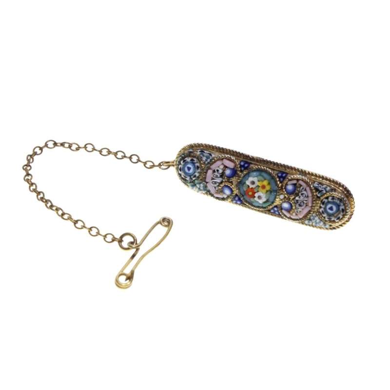 Brooch - Gold Tone Vintage Micro Mozaic Bar Pin Made in Italy. Safety Chain. - ML3242