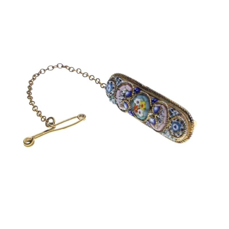 Brooch - Gold Tone Vintage Micro Mozaic Bar Pin Made in Italy. Safety Chain. - ML3242