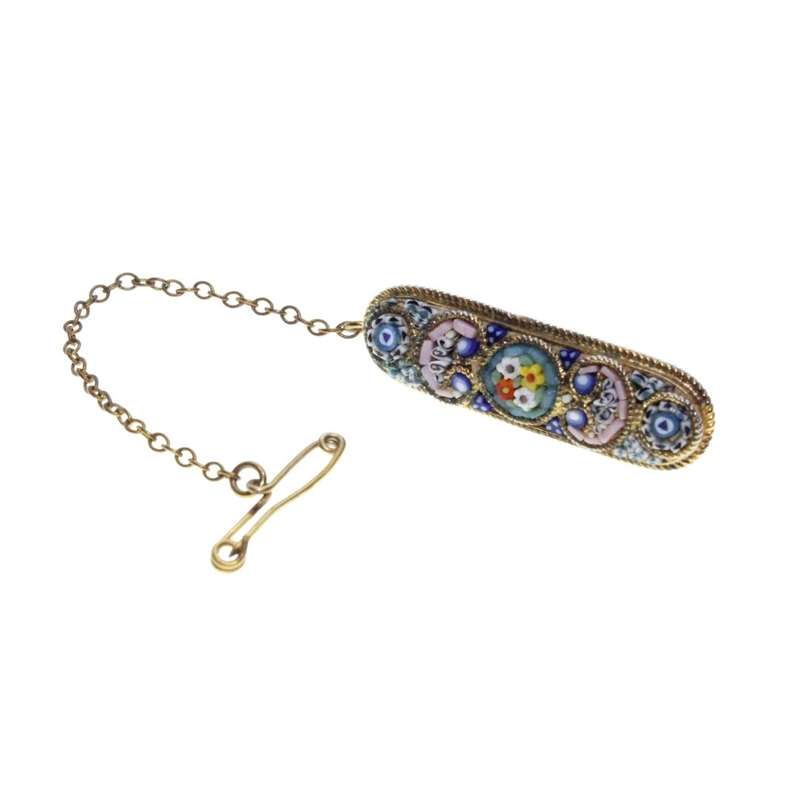 Brooch - Gold Tone Vintage Micro Mozaic Bar Pin Made in Italy. Safety Chain. - ML3242