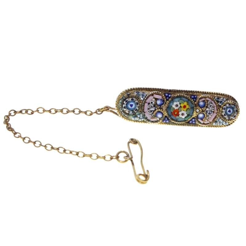 Brooch - Gold Tone Vintage Micro Mozaic Bar Pin Made in Italy. Safety Chain. - ML3242