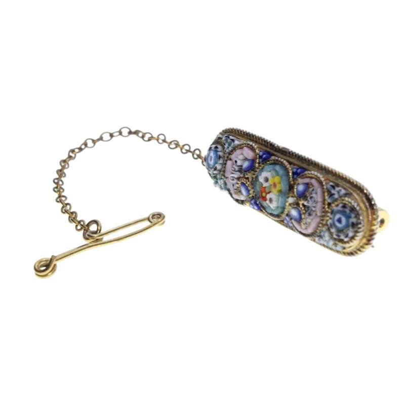Brooch - Gold Tone Vintage Micro Mozaic Bar Pin Made in Italy. Safety Chain. - ML3242