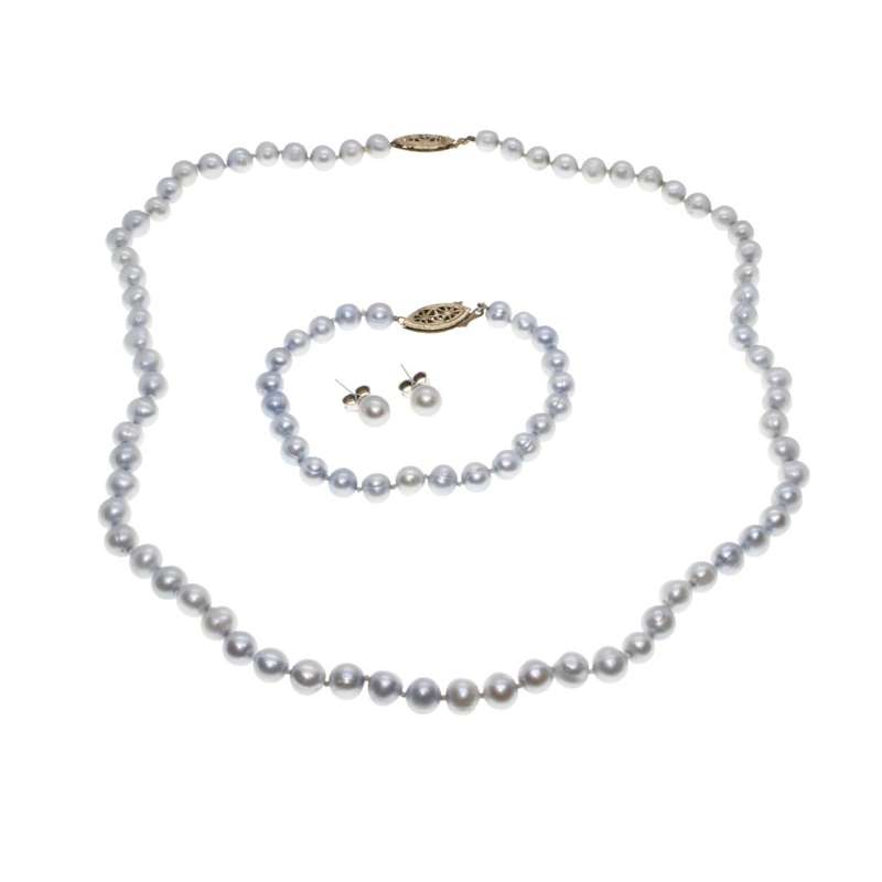 Jewellery Set - Pearl Necklace/Bracelet/Stud Earrings. Light Blue (saltwater) - ML3244
