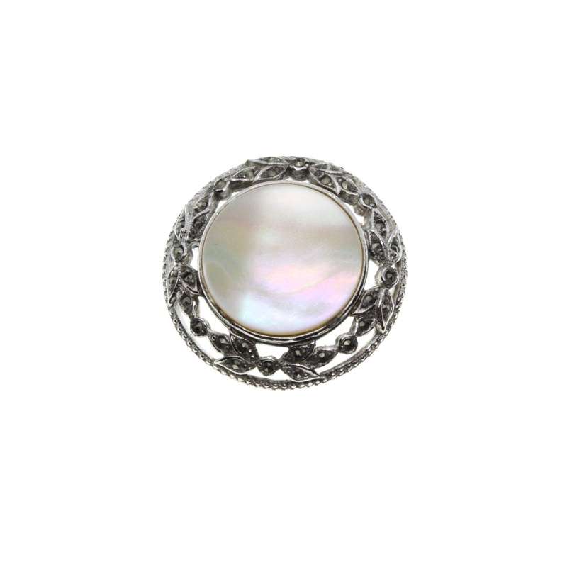 Brooch - Silver Tone Vintage Mother of Pearl Filigree Brooch. Stamped - ML3249