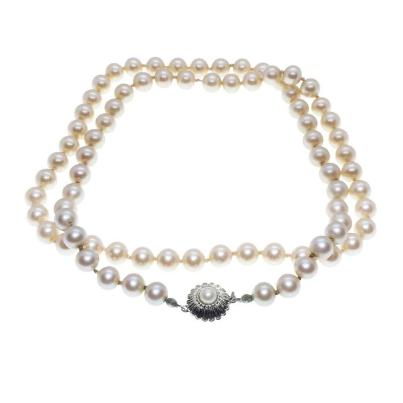 Necklace - Silver Tone Faux Pearl Necklace with Flower Clasp. - ML3256