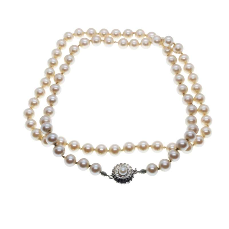 Necklace - Silver Tone Faux Pearl Necklace with Flower Clasp. - ML3256