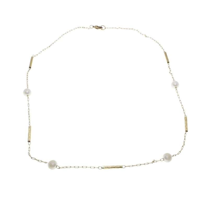 Necklace - Gold Tone Vintage Chain and Tubes inbetween Faux Pearls - ML3258