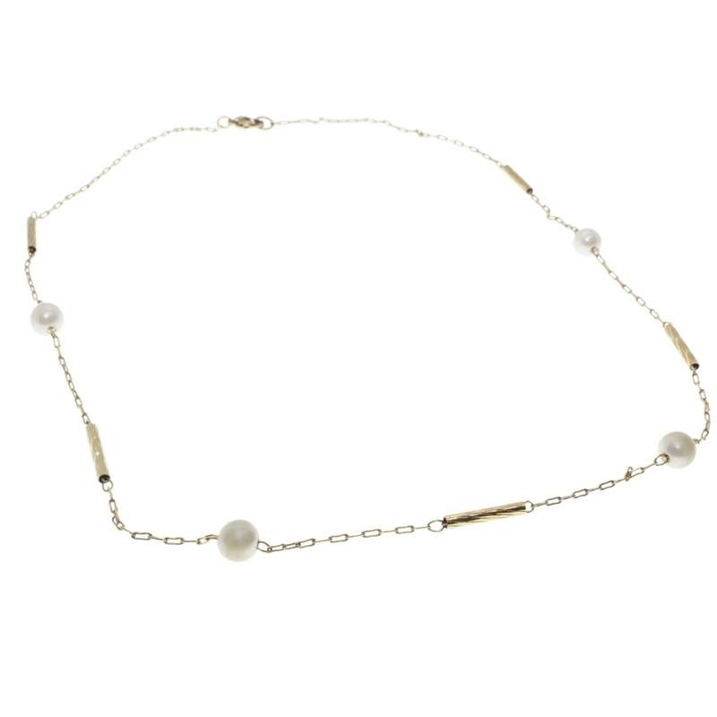 Necklace - Gold Tone Vintage Chain and Tubes inbetween Faux Pearls - ML3258