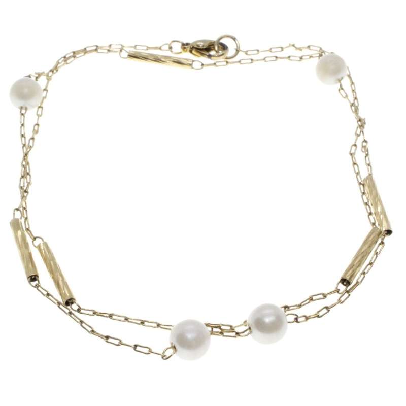 Necklace - Gold Tone Vintage Chain and Tubes inbetween Faux Pearls - ML3258