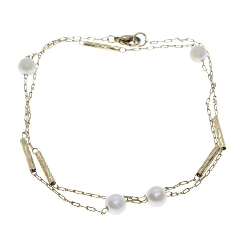 Necklace - Gold Tone Vintage Chain and Tubes inbetween Faux Pearls - ML3258