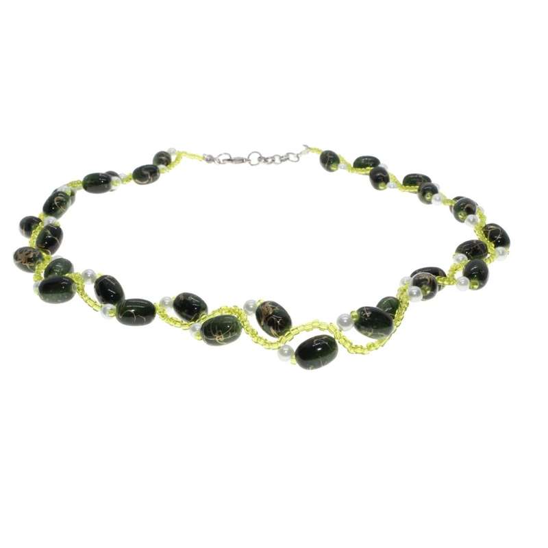 Necklace - Silver Tone. Green Beads with Faux Pearls - ML3261