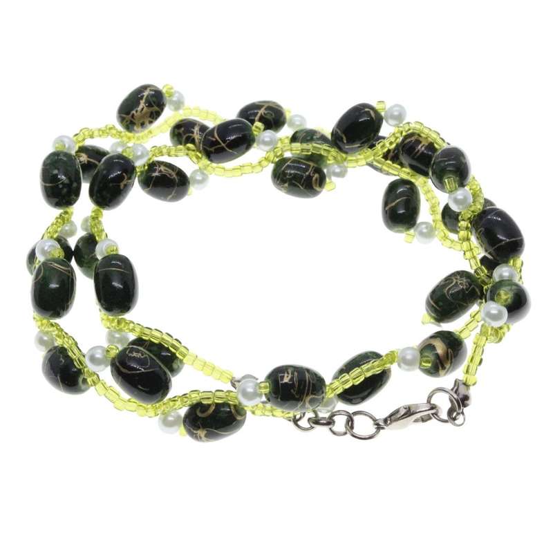 Necklace - Silver Tone. Green Beads with Faux Pearls - ML3261