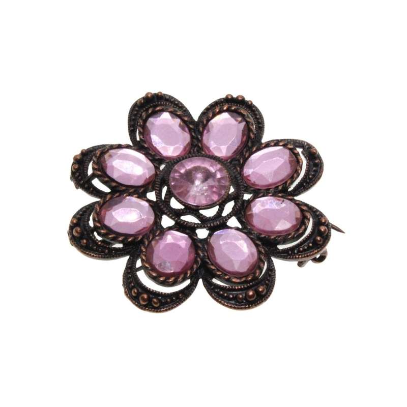 Brooch - Copper Tone Vintage Flower Brooch with Pink Rhinestones - ML3271