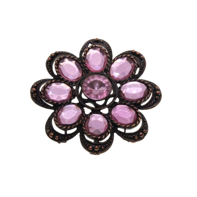 Brooch - Copper Tone Vintage Flower Brooch with Pink Rhinestones - ML3271