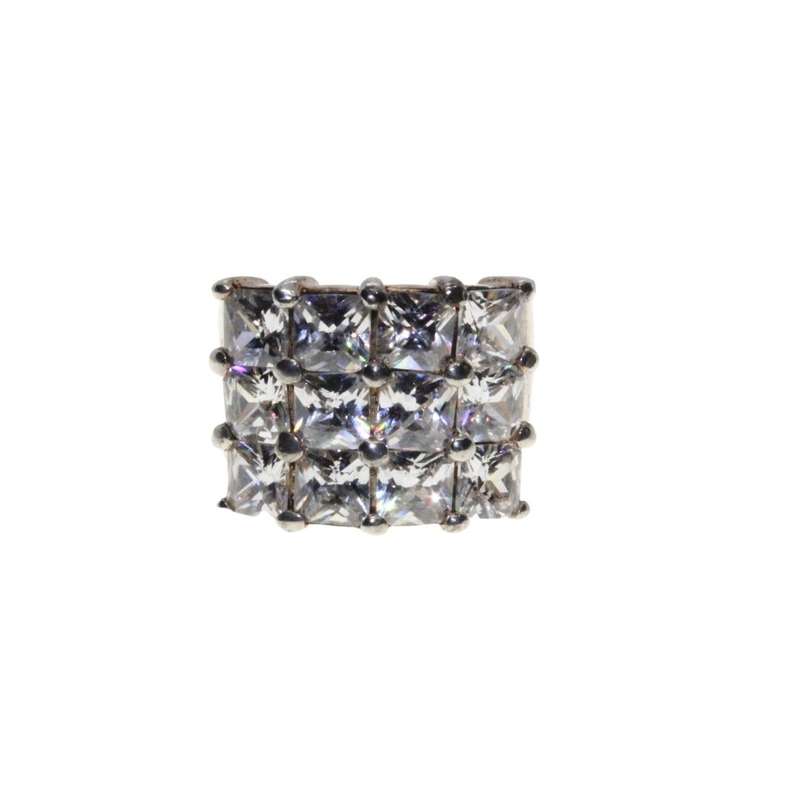 Ring - 925 Silver Chunky Wide Fashionable Band with 12 Diamante Centre Statement - ML3273