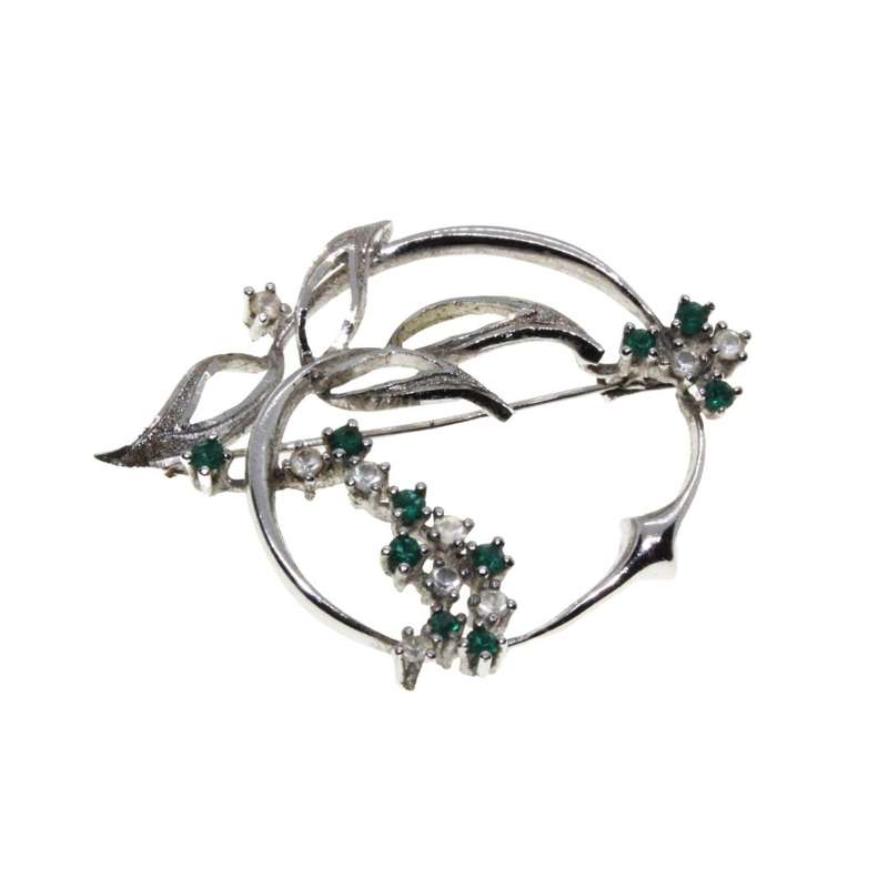 Brooch - Silver Tone Vintage Intricate Design. Apple with Leaves. Clear & Emerald Rhinestones - M...